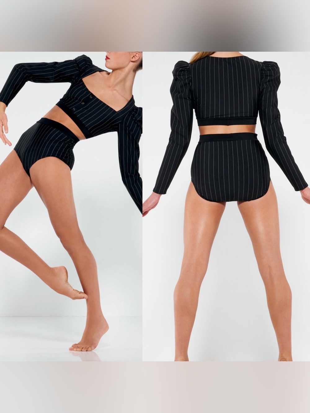 Kelle dance black pinstripe costume 2 piece trunks top POWER THREADS 2821 MA